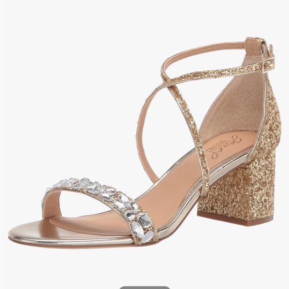 Jewel Badgley Mischka Gold Glittery Faux Jeweled Claudia Block Heeled Sandal 10 - Picture 2 of 16